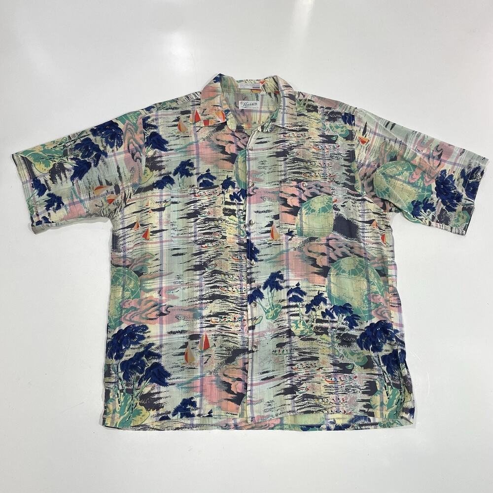 VTG Hassis Newtown Square Pa Hawaiian Shirt RARE Pastel Globe Island Beach Large
